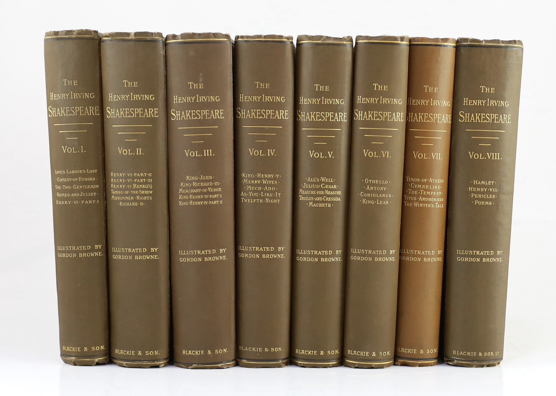 Shakespeare, William - The Works, edited by Henry Irving, illustrated by Gordon Browne, 8 vols, 8vo, gilt stamped cloth, (cloth to vol. 7 a lighter shade, as usual), Blackie and Son, London, 1888-90